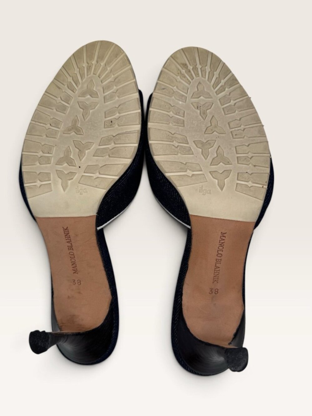 Vintage Manolo Blahnik Denim Lace Up Mules Size 38 Sandals Heels Y2K Bow Blue - Picture 11 of 11